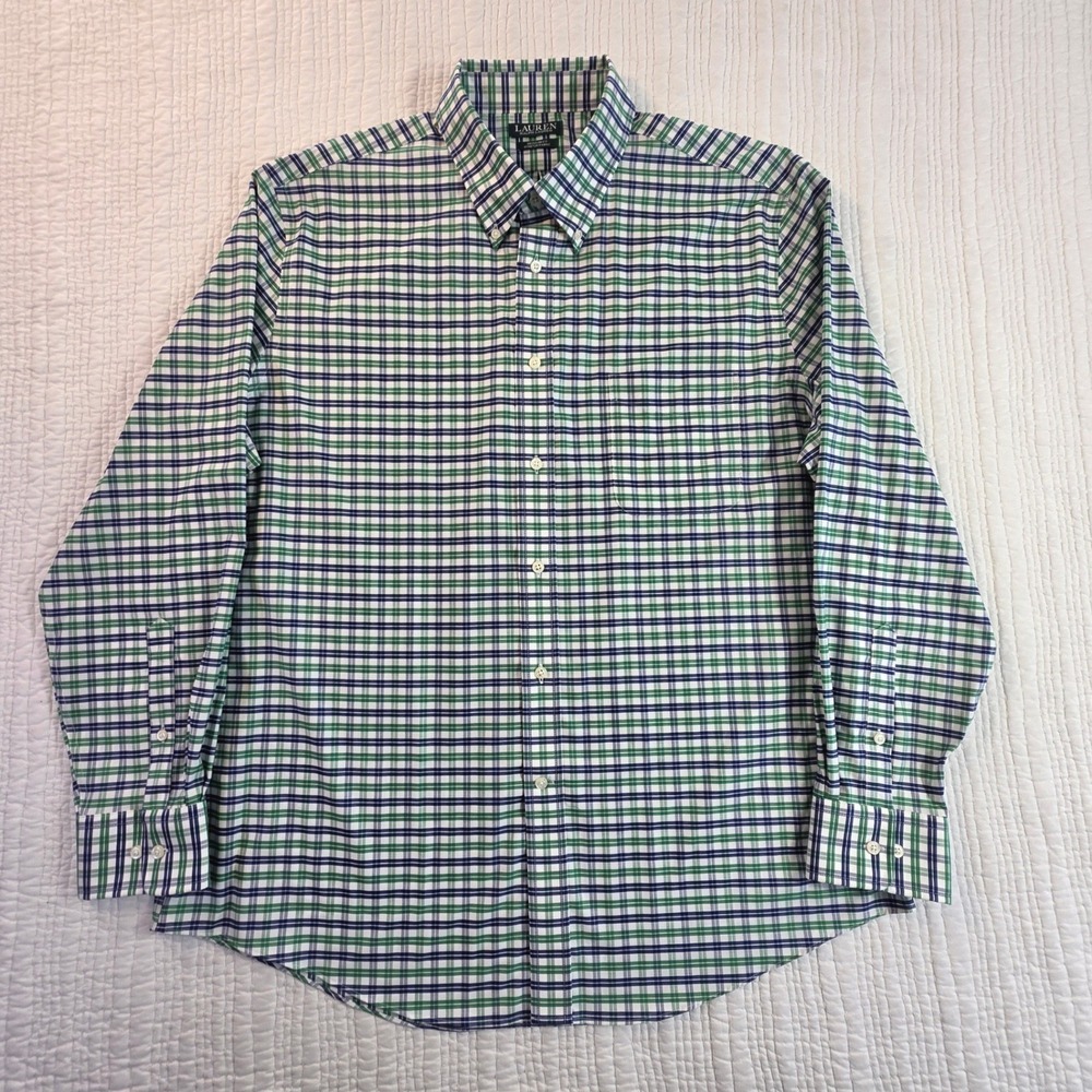 Lauren Ralph Lauren Mens XL Green Navy Plaid Stretch Regular Fit Button Down